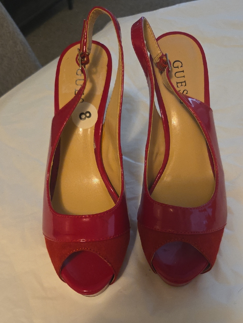GUESS Red Patent & Suede Peep-Toe Slingback Heels